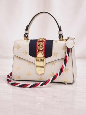 Authentic Gucci Sylvie Top Handle Bag Bee Star Leather Chain Strap